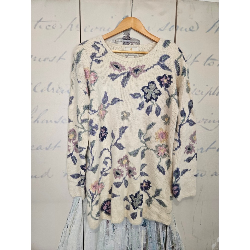 Express Tricot‎ Sweater M Cream Vintage 90s Silk Angora Hand Knit Floral Boho